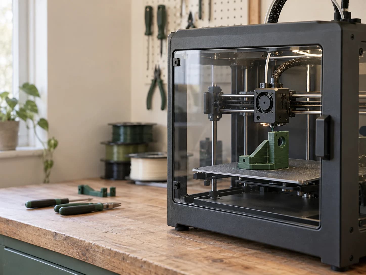 Enclosed 3D printer printing a green bracket on a wooden workbench