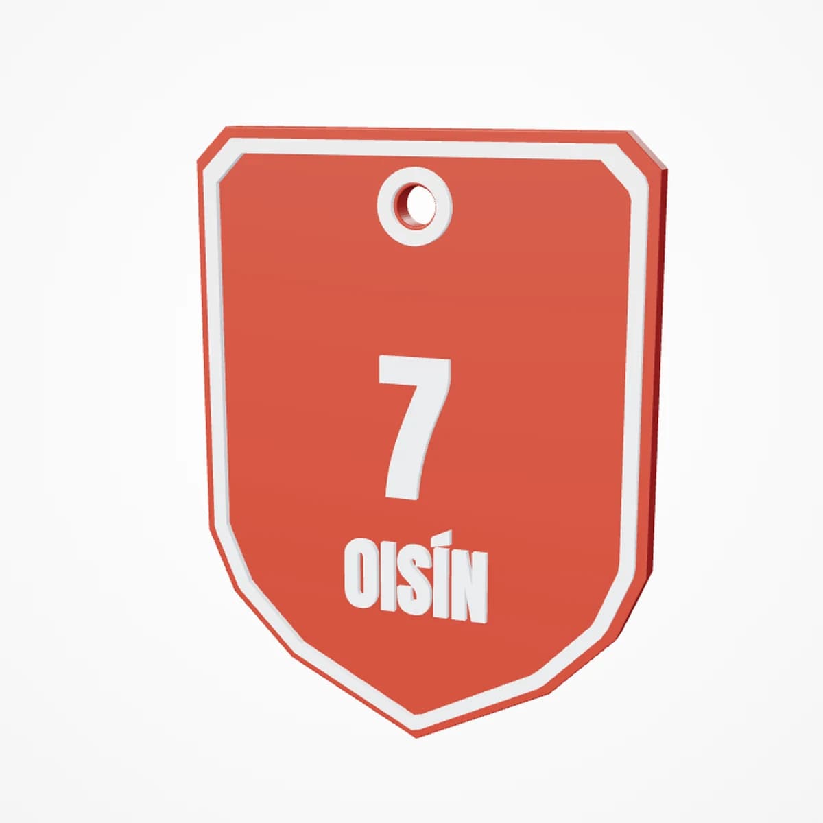 3D preview of a personalised red and white Cork GAA shield bag tag with OISÍN and number 7