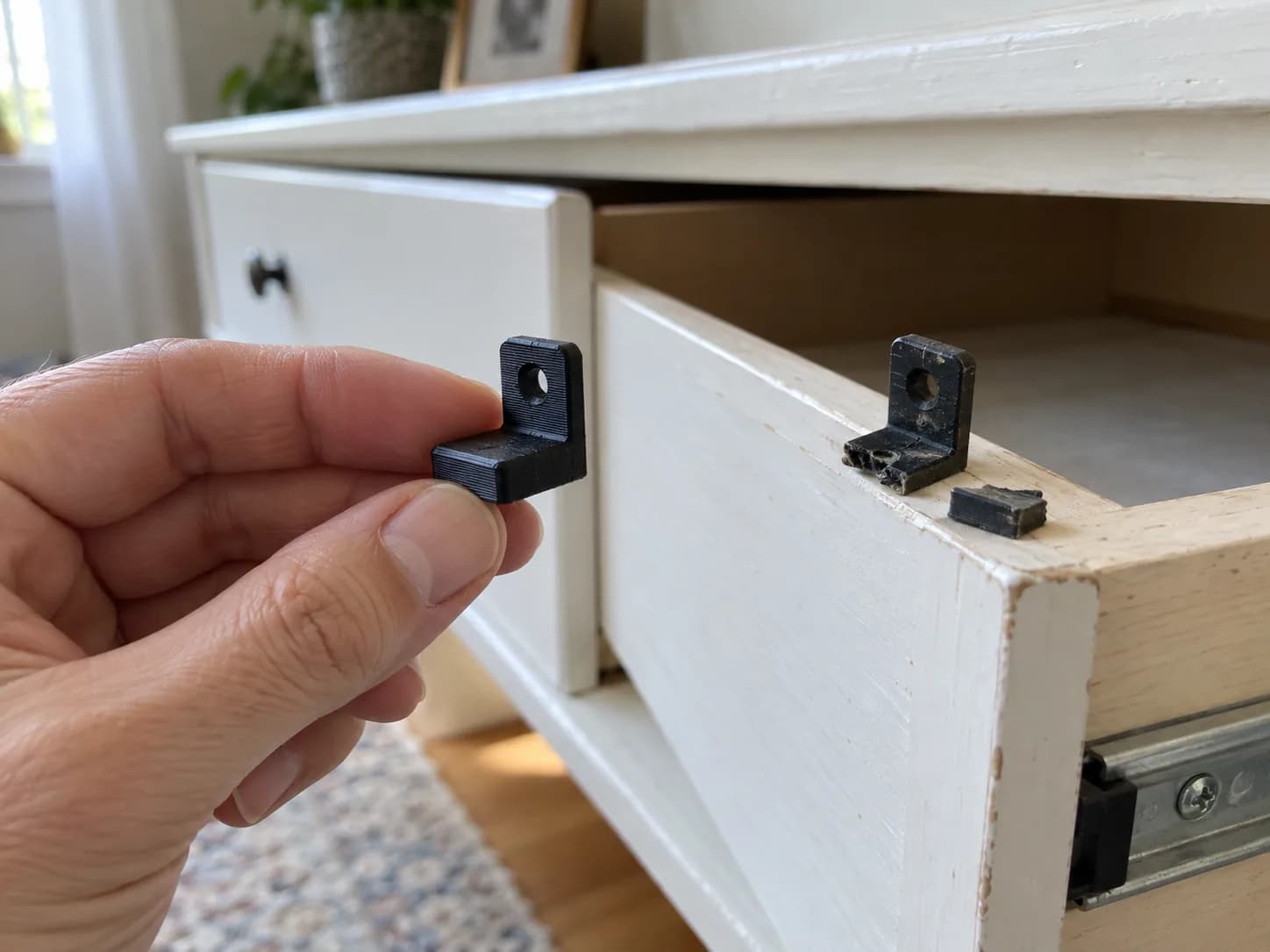 A hand holding a small black 3D printed drawer stop next to the cracked original on a white chest of drawers