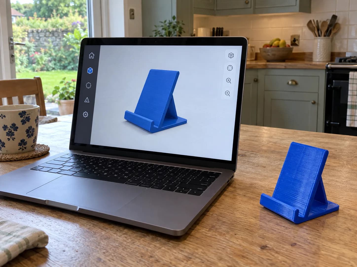 A laptop on a kitchen table showing a phone stand in a 3D model viewer, with the same stand freshly printed in blue beside it